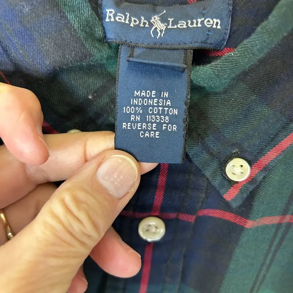 Ralph Lauren Boy's Green Blue Red Tartan Plaid Button-Down LS Shirt Sz L (16-18)